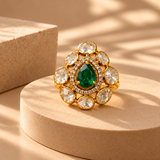 925 Silver Moissanite Green Emerald Polki Ring