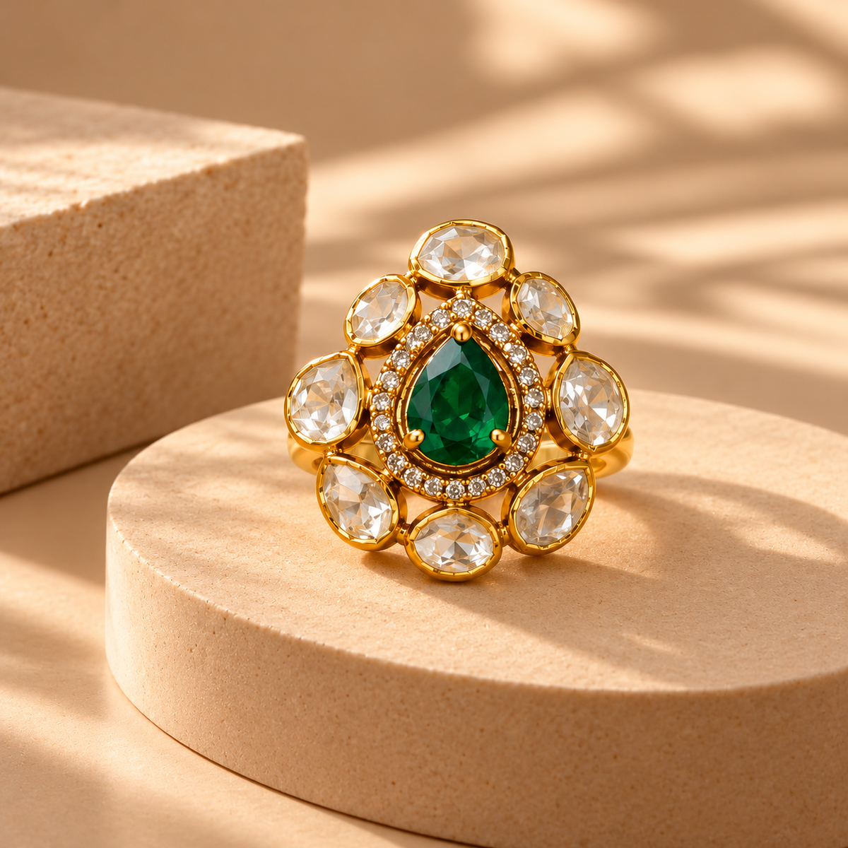 925 Silver Moissanite Green Emerald Polki Ring