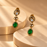 925 Silver Emerald Green Moissanite Polki Drop Earrings