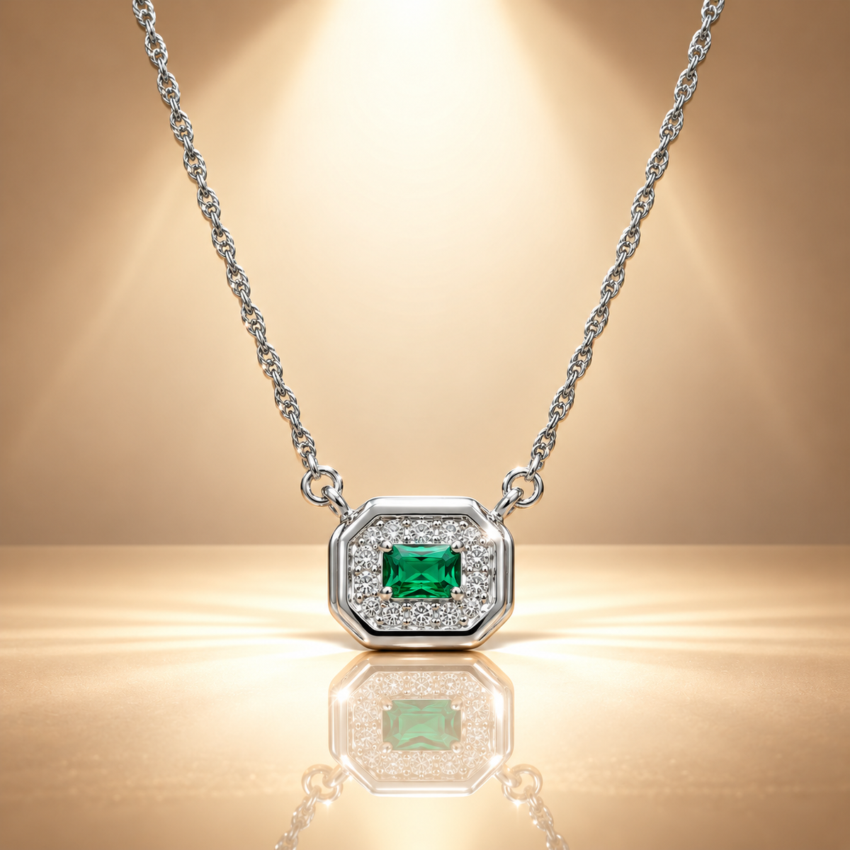 925 Silver Octagon Green Quartz Moissanite Pendant Chain