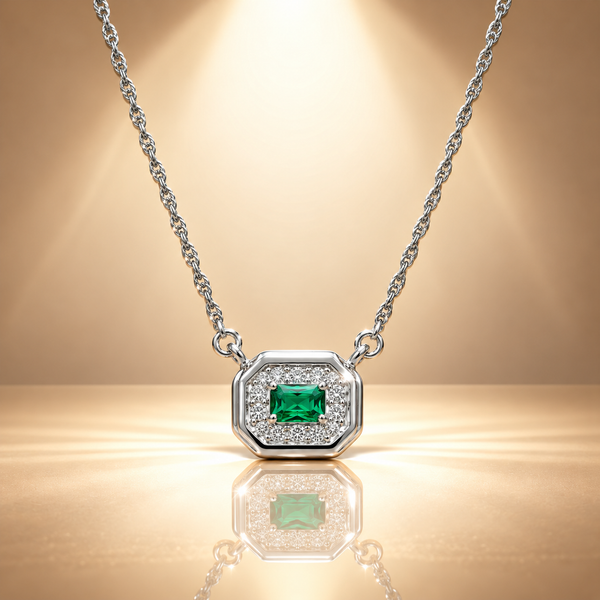 925 Silver Octagon Green Quartz Moissanite Pendant Chain