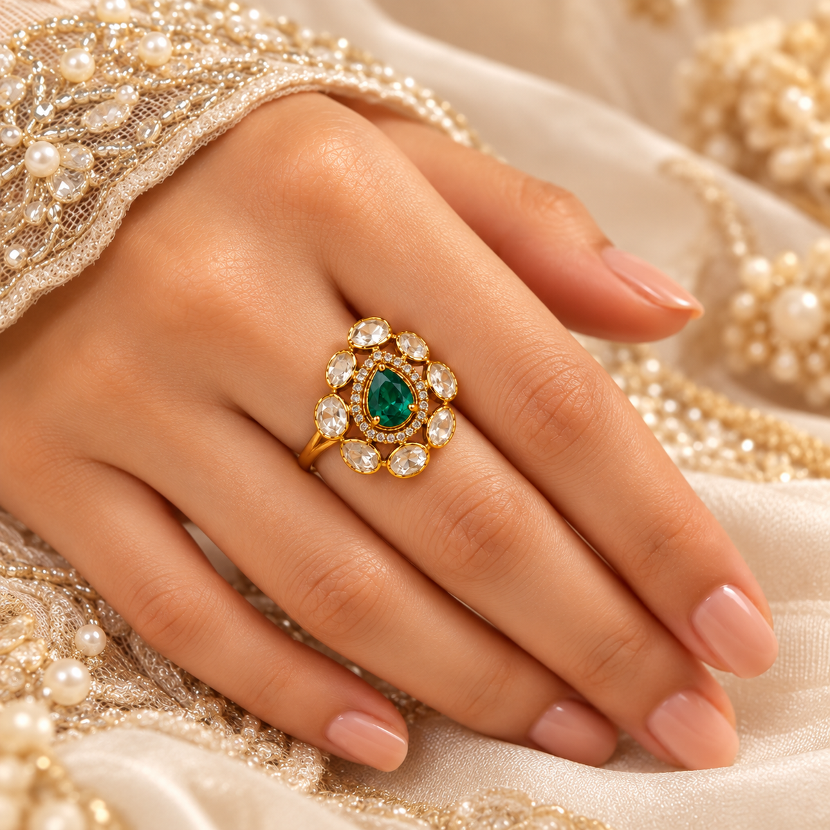 925 Silver Moissanite Green Emerald Polki Ring