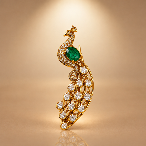 925 Silver Gold Plated Emerald Green Peacock Brooch