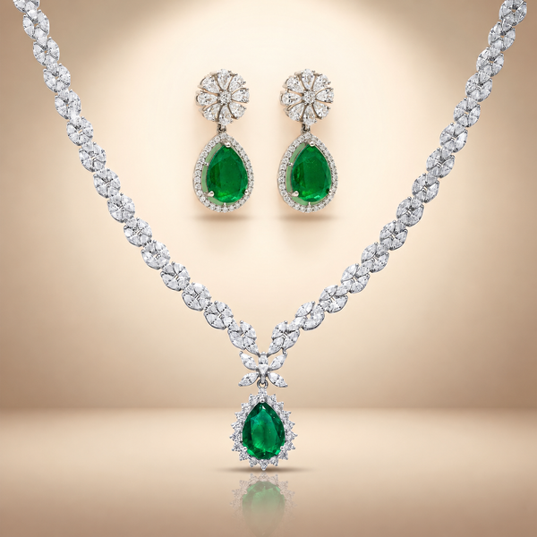 925 Silver Emerald Green Pear Drop Necklace Set