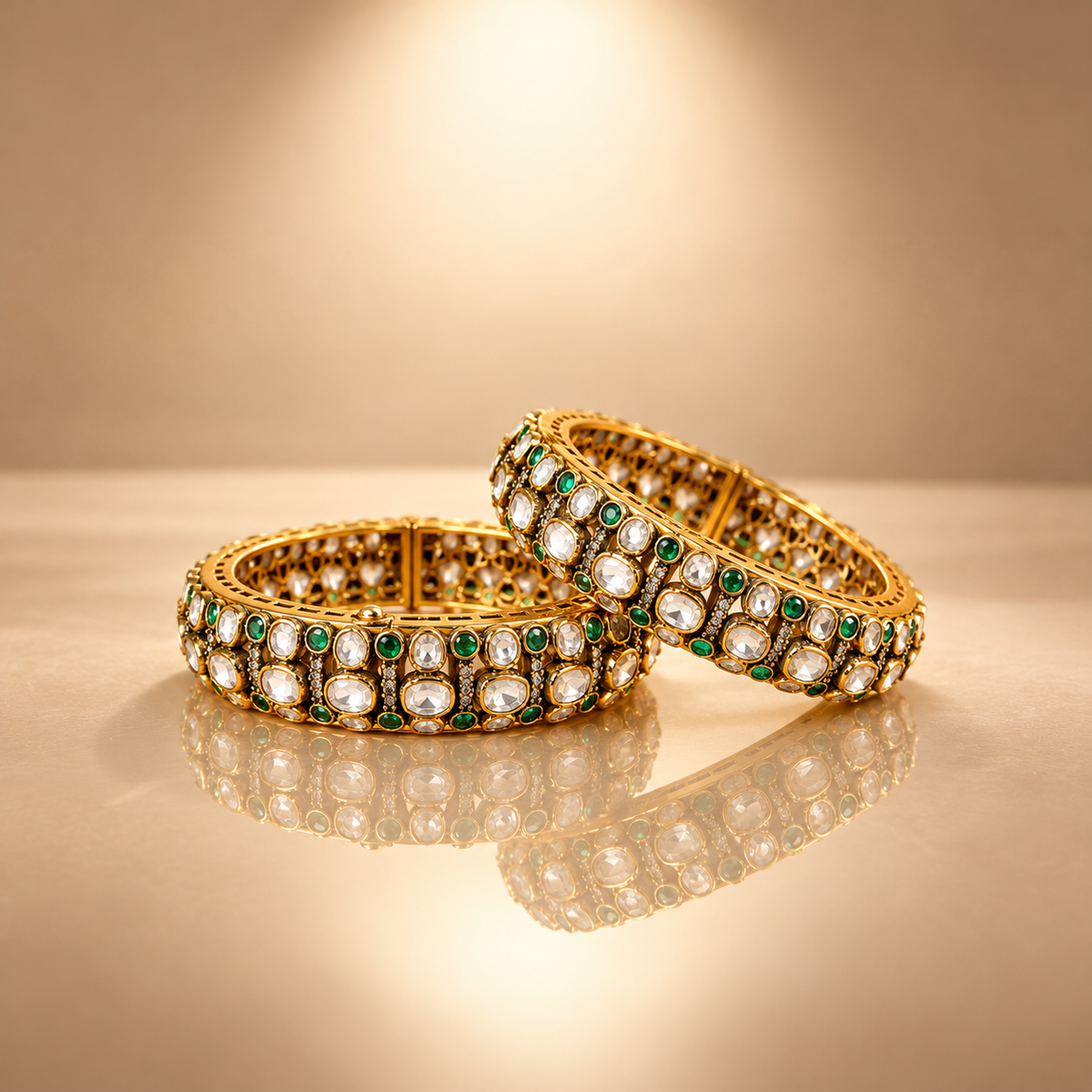 925 Silver Moissanite Polki Gold Plated Bangle Set