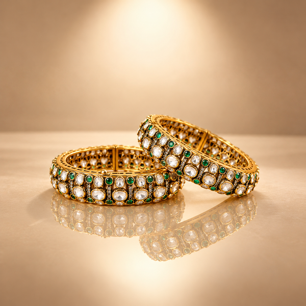 925 Silver Moissanite Polki Gold Plated Bangle Set