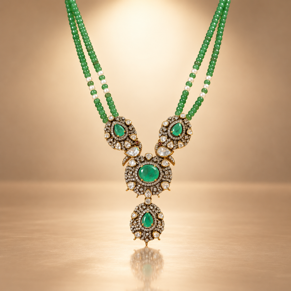 Green Beads Moissanite Polki Emerald Drop Necklace