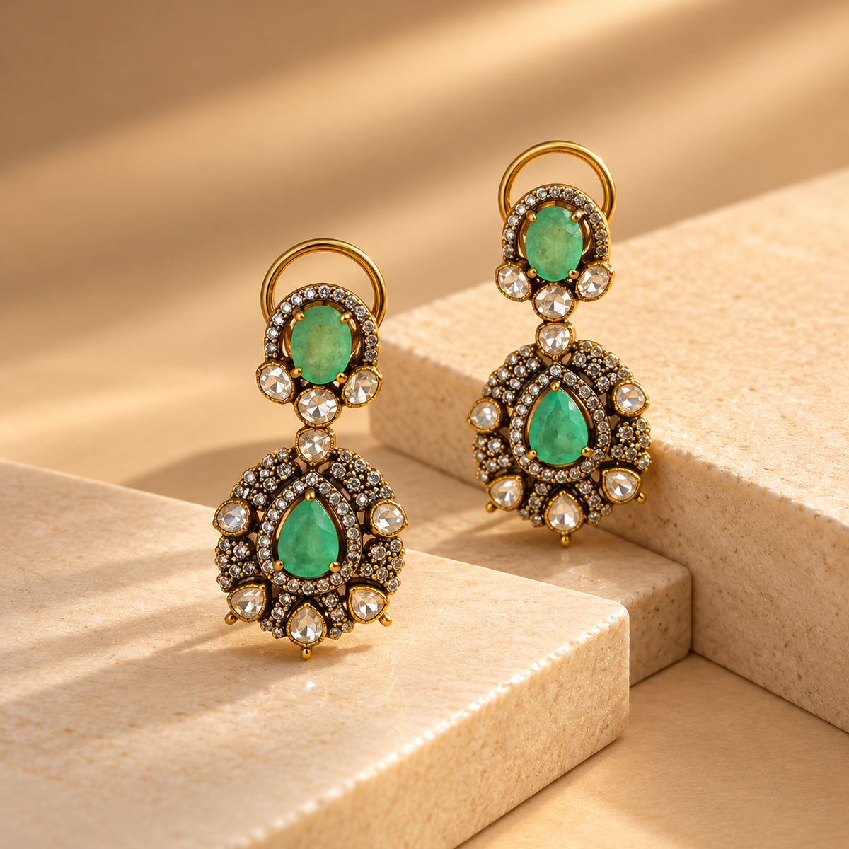 Green Moissanite Polki Dangler Earrings