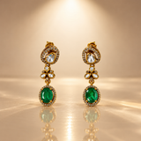 925 Silver Emerald Green Moissanite Polki Drop Earrings