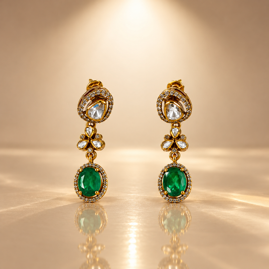 925 Silver Emerald Green Moissanite Polki Drop Earrings