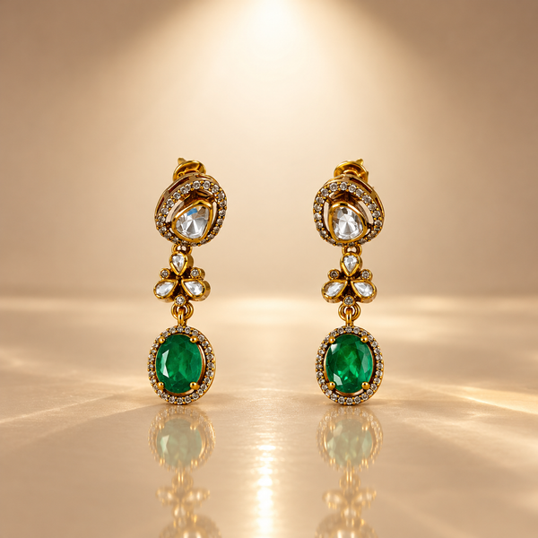 925 Silver Emerald Green Moissanite Polki Drop Earrings