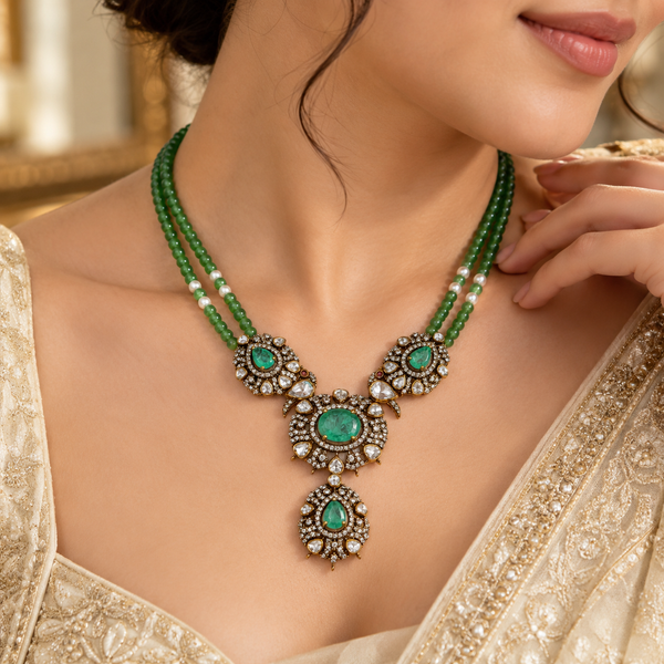 Green Beads Moissanite Polki Emerald Drop Necklace