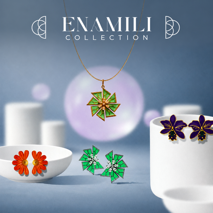 Enamili collection by Silphony: colourful enamel 925 sterling silver earrings and pendants