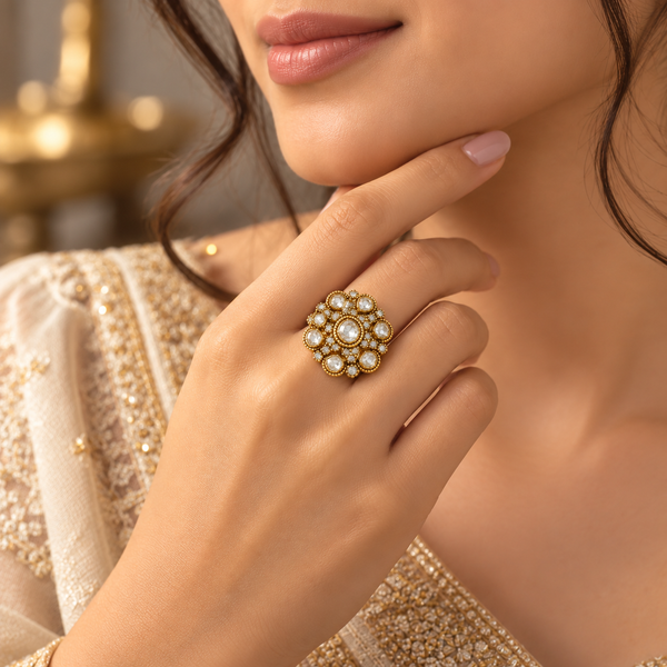 925 Silver Moissanite Polki Flower Ring