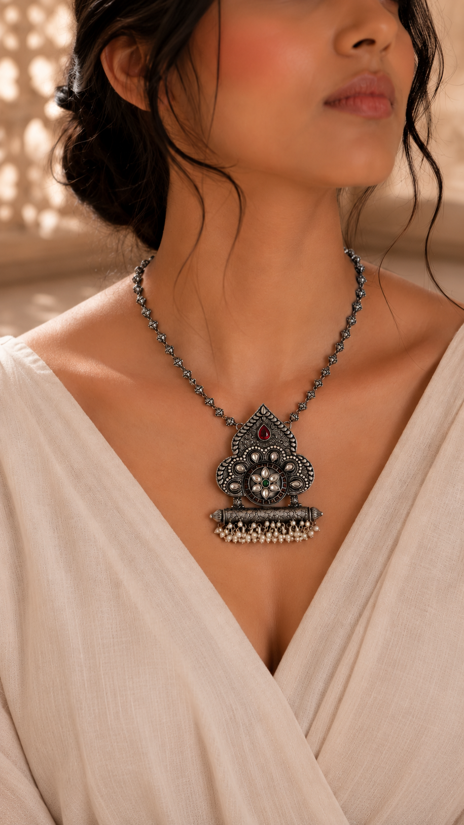 Antique Silver Pendant With Chain Ethnic Floral Jewelry Gift