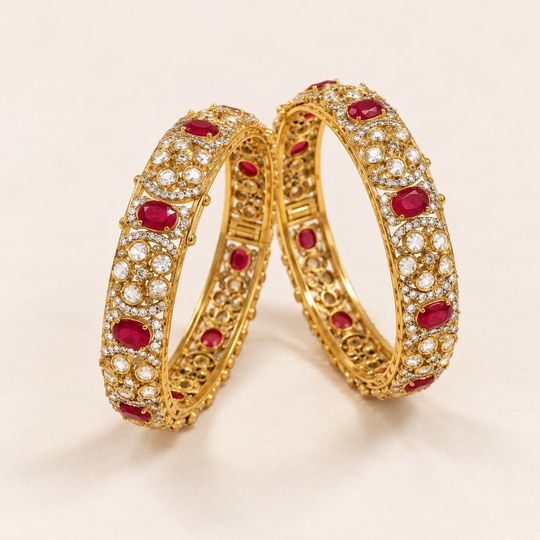 925 Silver Gold Plated Red Ruby Polki Bangles