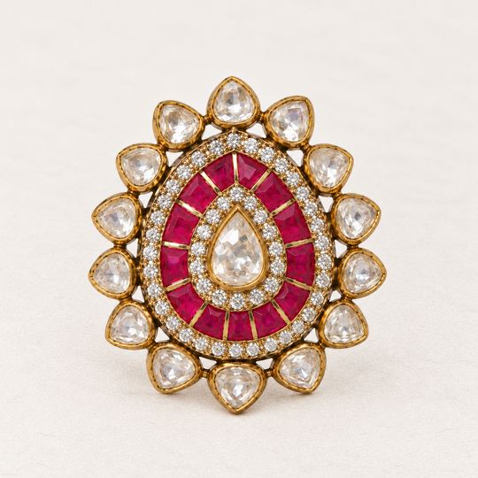 925 Silver Moissanite Polki Ruby Teardrop Ring