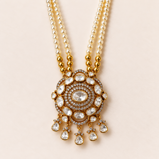 925 Silver Moissanite Polki Pearl Strand Necklace