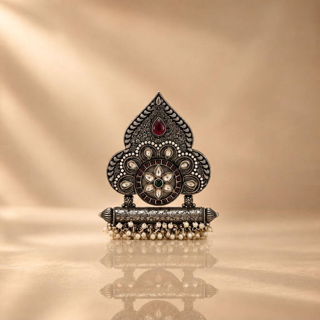 Antique Silver Pendant With Chain Ethnic Floral Jewelry Gift