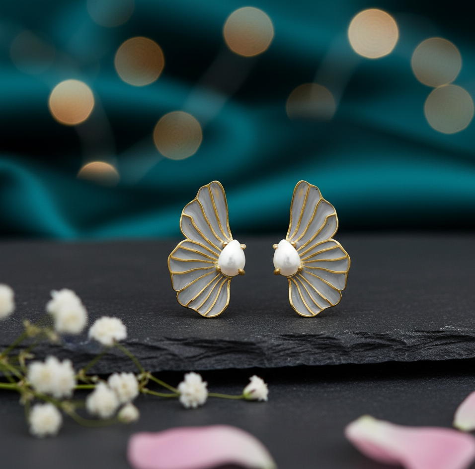 Pearl Wing Petal Enamel Stud Earrings