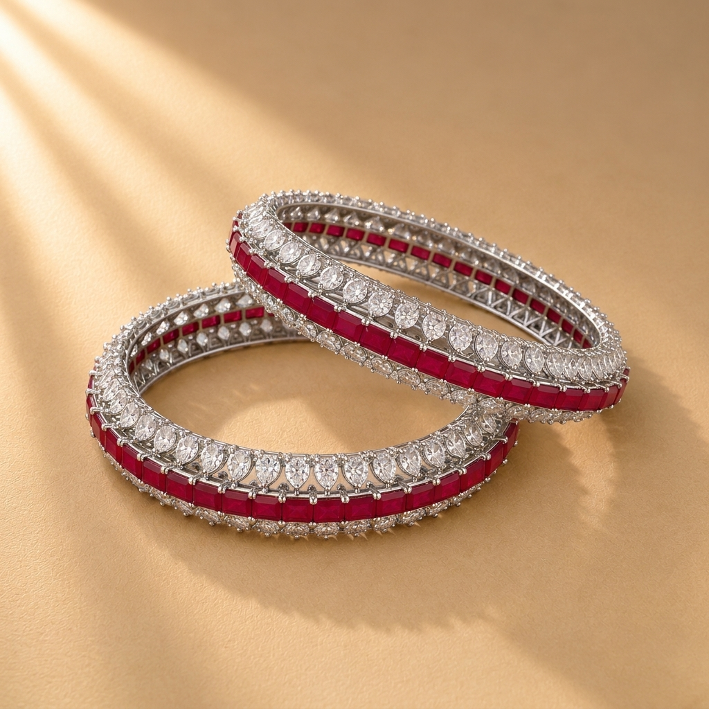925 Silver Red Quartz Moissanite Bangle Set