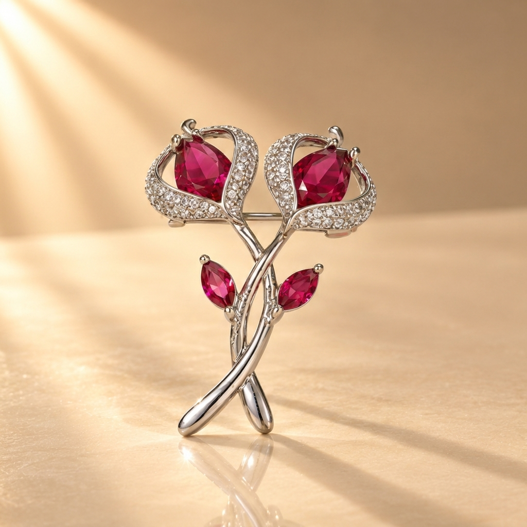 925 Silver Red Light Ruby Moissanite Floral Brooch