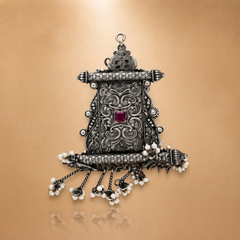 Oxidized Silver Filigree Pendant With Beaded Chain For Women