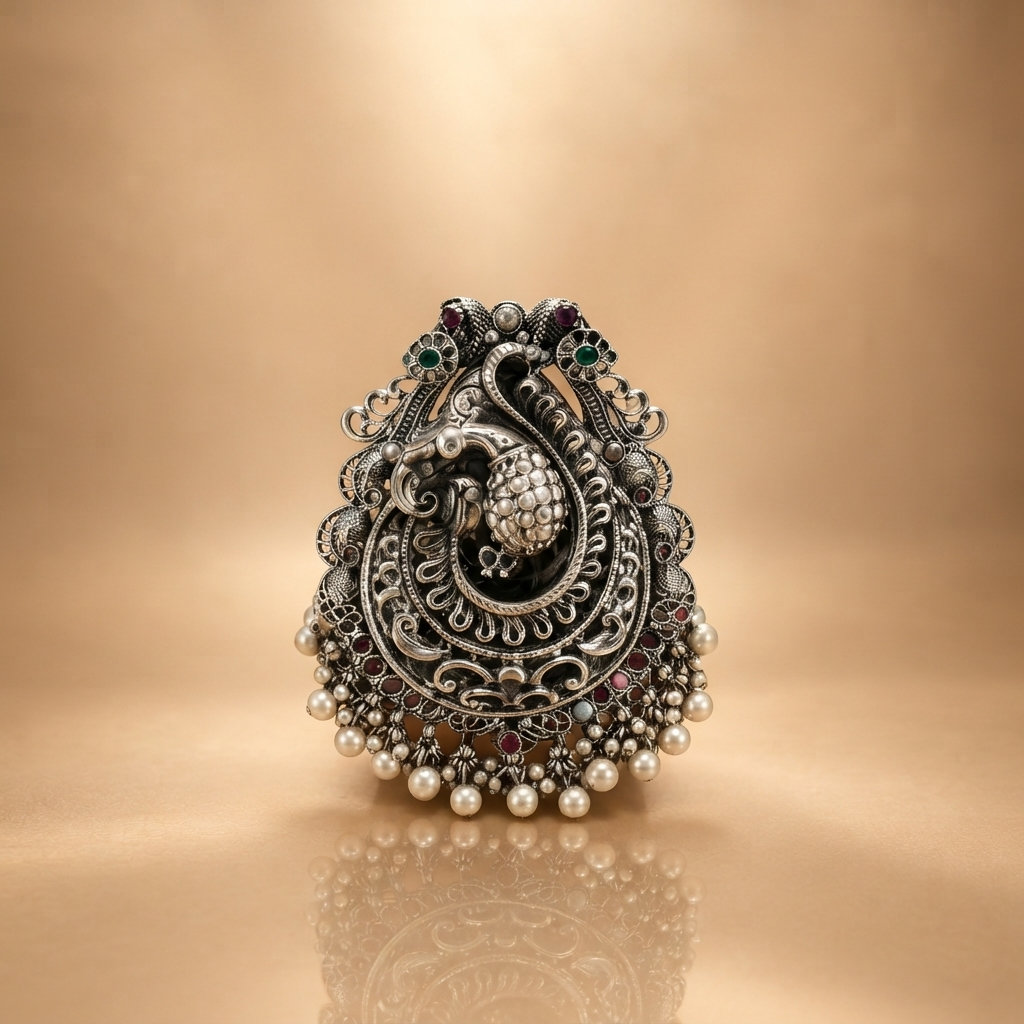 Oxidized Silver Pendant with Pearl Moissanite Quartz Chain