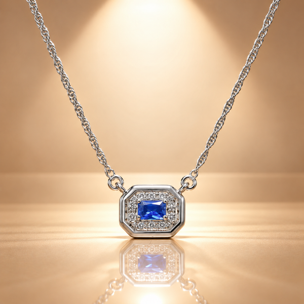 Blue Quartz Moissanite Octagon Halo Pendant with Chain
