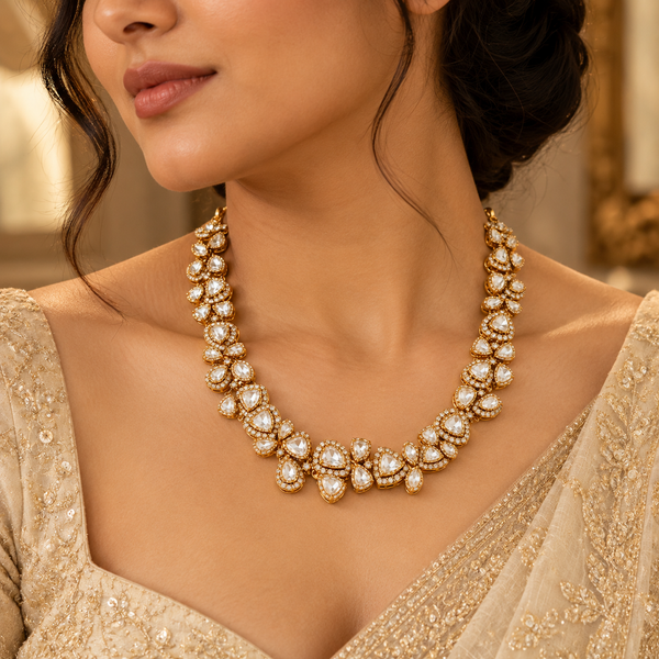 925 Silver Teardrop Moissanite Polki Necklace (On Pre-Order)