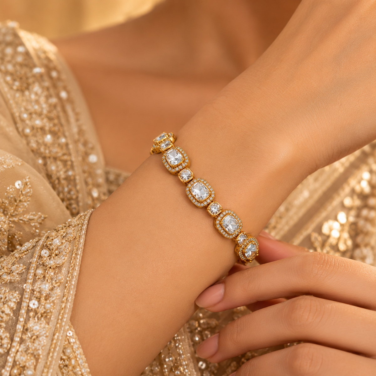 925 Silver Moissanite Polki Cushion Bracelet