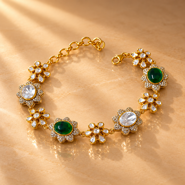 925 Silver Gold Plated Floral Polki Quartz Bracelet