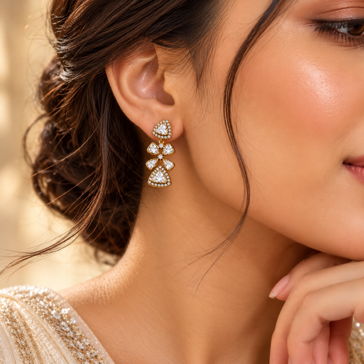 925 Silver Floral Tiered Moissanite Polki Earring