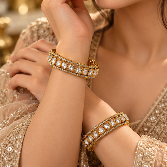 925 Silver Gold Plated Moissanite Polki Bangles Set