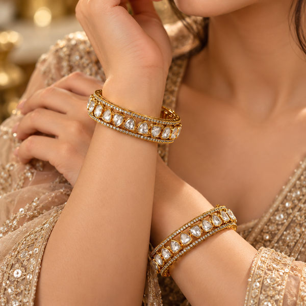 925 Silver Gold Plated Moissanite Polki Bangles Set