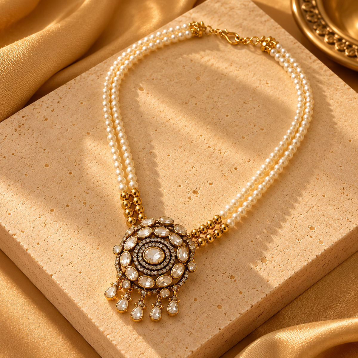 925 Silver Moissanite Polki Pearl Strand Necklace