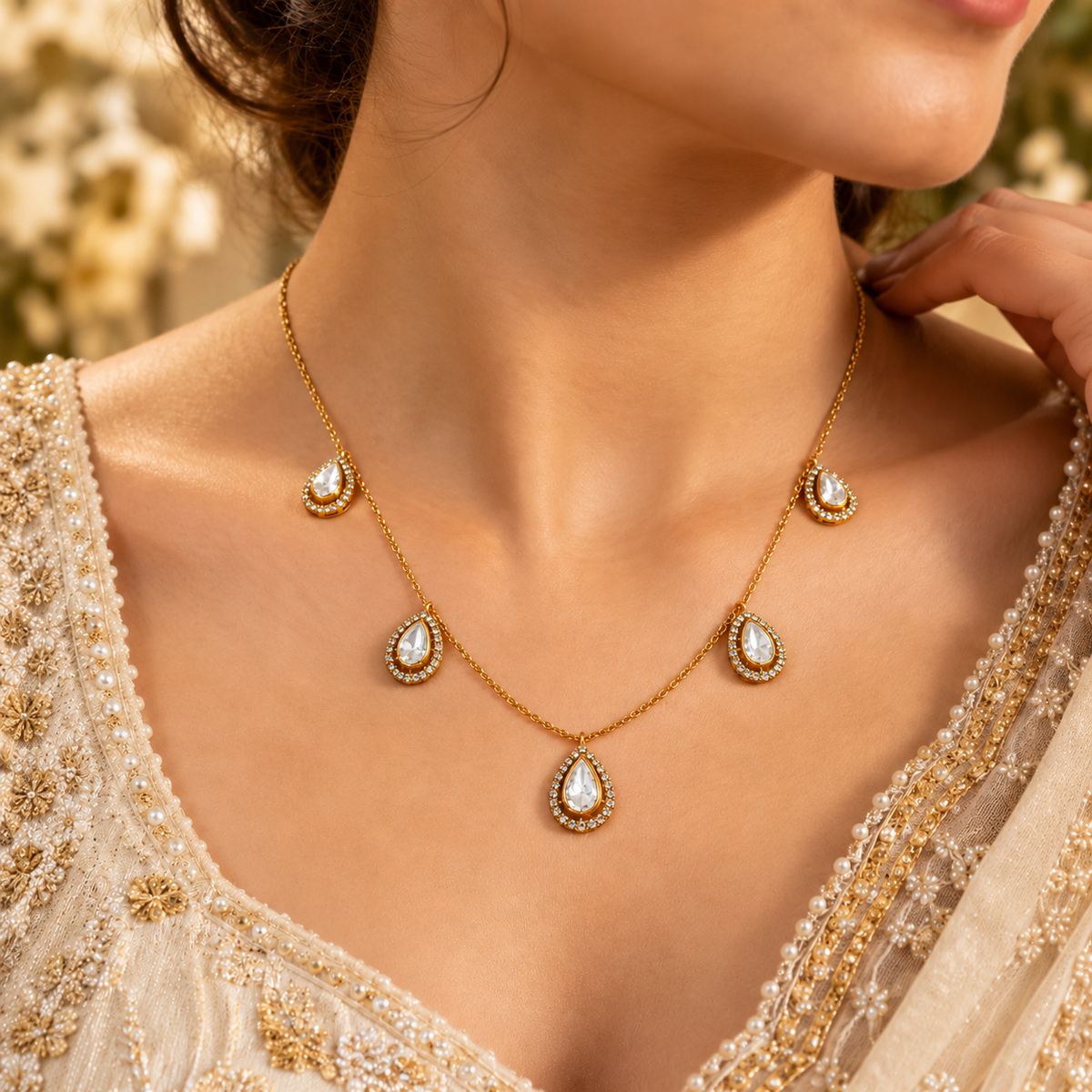 925 Sterling Silver Moissanite Polki Teardrop Necklace