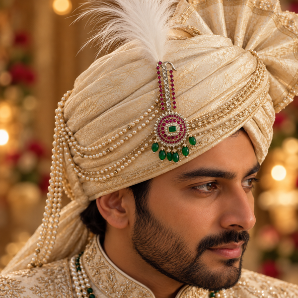 Royal Groom Kalgi Pin for Men with Emerald Green Pink Stones Wedding Turban Brooch