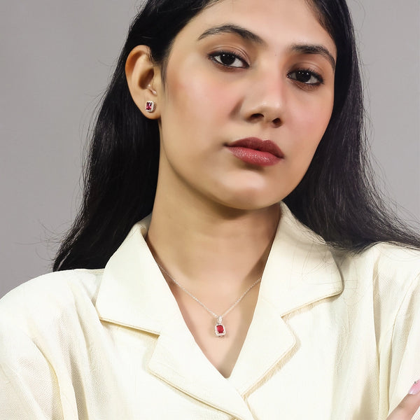 Crimson Ruby - 92.5 Silver Pendant Set