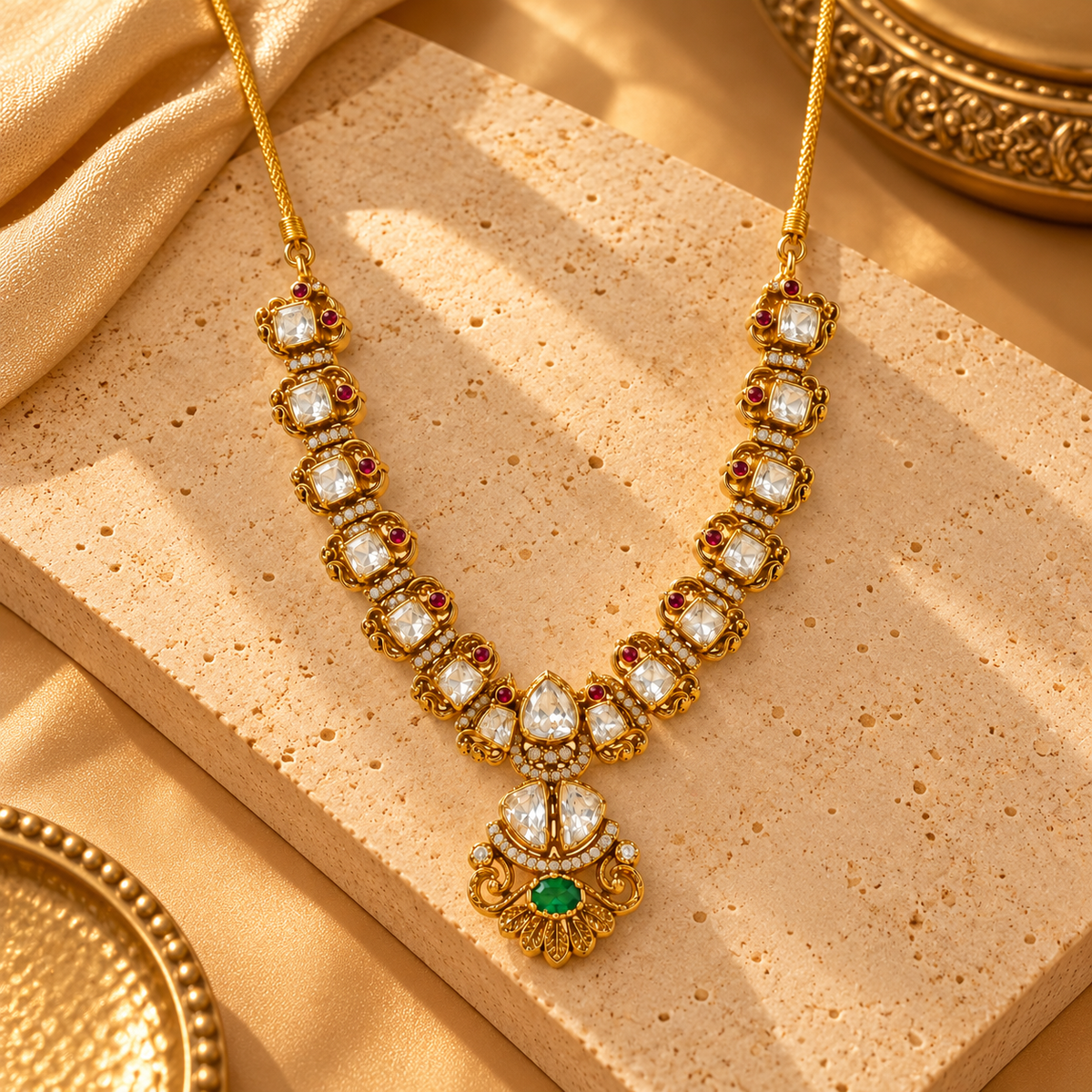 925 Silver Moissanite Polki Emerald Green Bridal Necklace