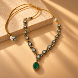 925 Silver Green Emerald Moissanite Oval Polki Necklace