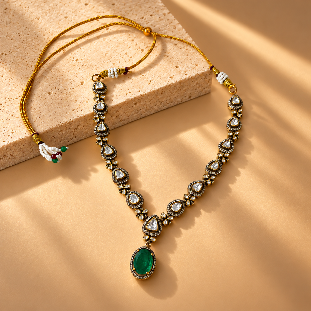 925 Silver Green Emerald Moissanite Oval Polki Necklace