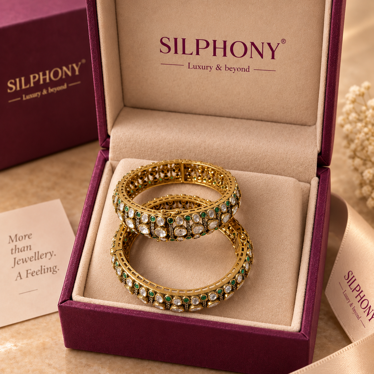 925 Silver Moissanite Polki Gold Plated Bangle Set