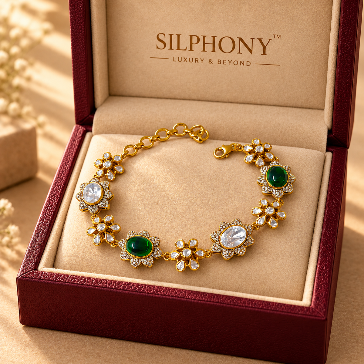 925 Silver Gold Plated Floral Polki Quartz Bracelet
