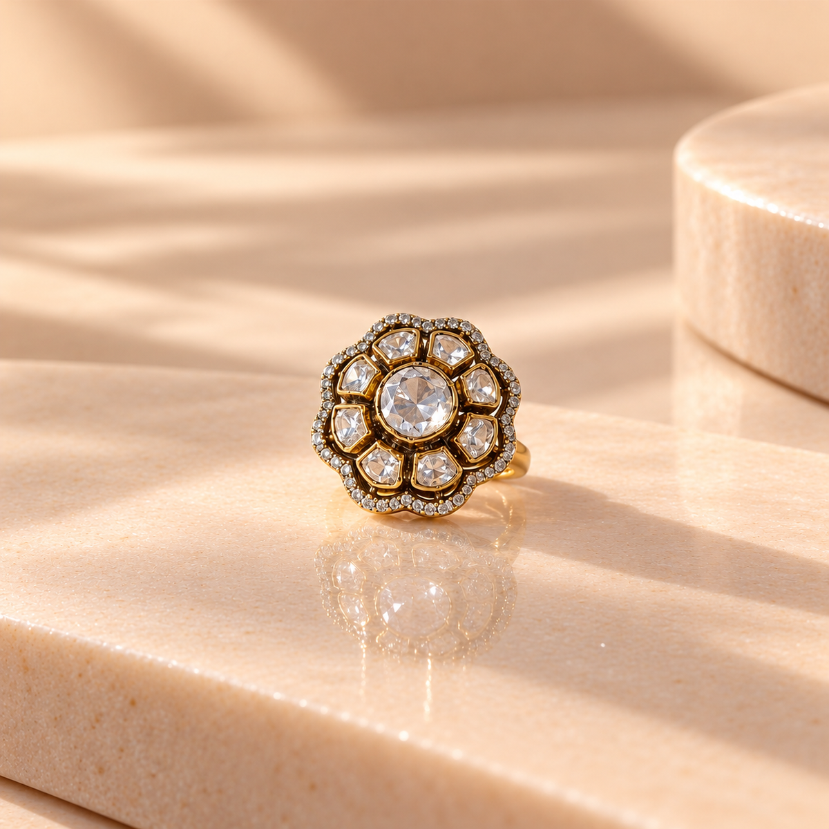 925 Sterling Silver Moissanite Polki Floral Ring