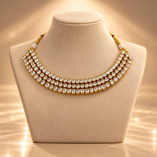 925 Sterling Silver Polki with Moissanite & Pearl Traditional Statement Necklace