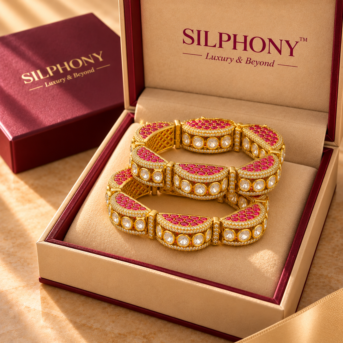 925 Silver Moissanite Polki Ruby Bangle Set