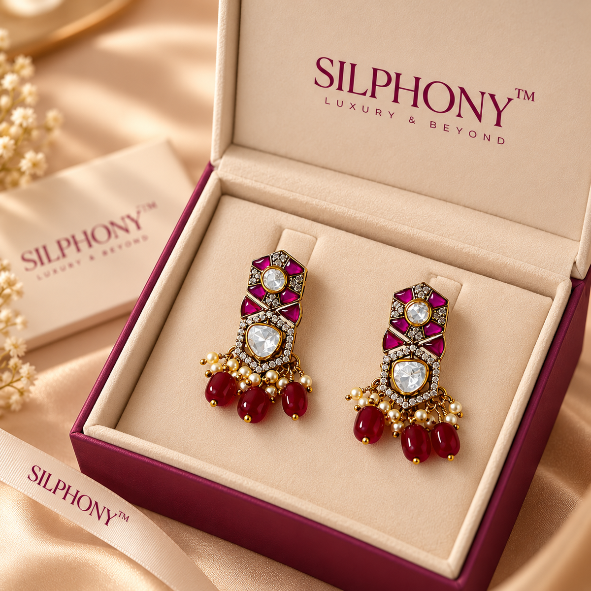 925 Silver Moissanite Ruby Red Pearl Drop Earrings
