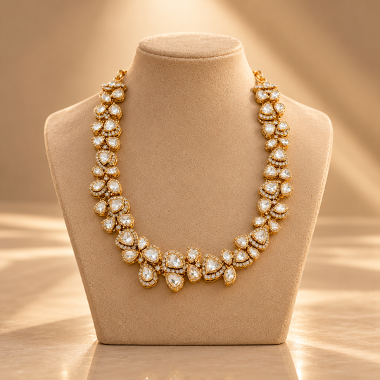 925 Silver Teardrop Moissanite Polki Necklace
