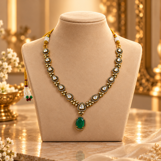 925 Silver Green Emerald Moissanite Oval Polki Necklace